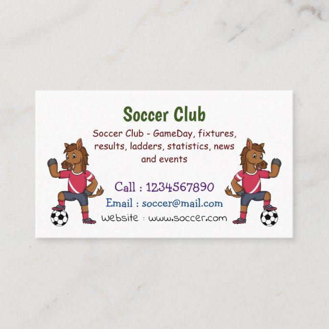 Cute funny horse playing soccer cartoon business card (Front)