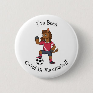 Cute funny horse playing soccer cartoon button
