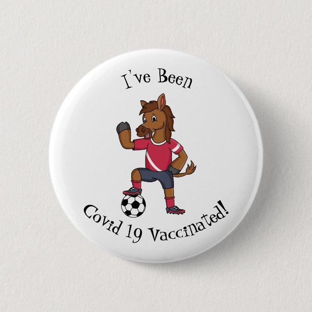 Cute funny horse playing soccer cartoon button (Front)