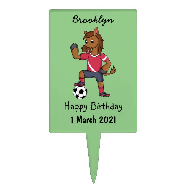 Cute funny horse playing soccer cartoon cake topper (Front)