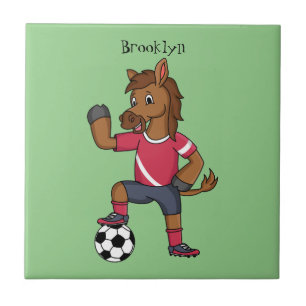 Cute funny horse playing soccer cartoon ceramic tile