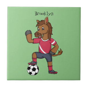 Cute funny horse playing soccer cartoon  ceramic tile