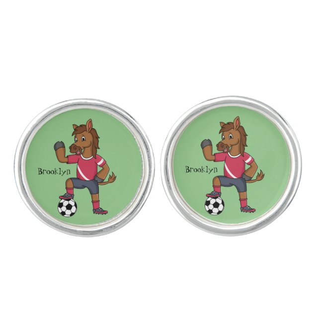 Cute funny horse playing soccer cartoon cufflinks (Front)