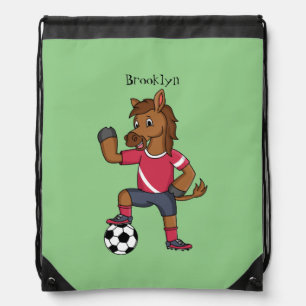 Cute funny horse playing soccer cartoon drawstring bag