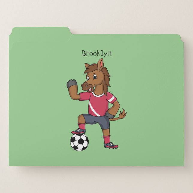 Cute funny horse playing soccer cartoon file folder (Front Left)