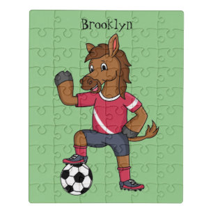 Cute funny horse playing soccer cartoon jigsaw puzzle