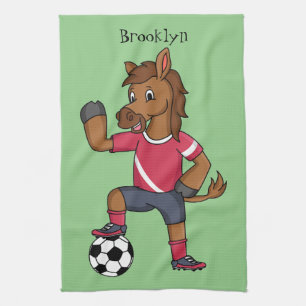 Cute funny horse playing soccer cartoon kitchen towel