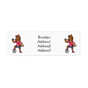 Cute funny horse playing soccer cartoon label