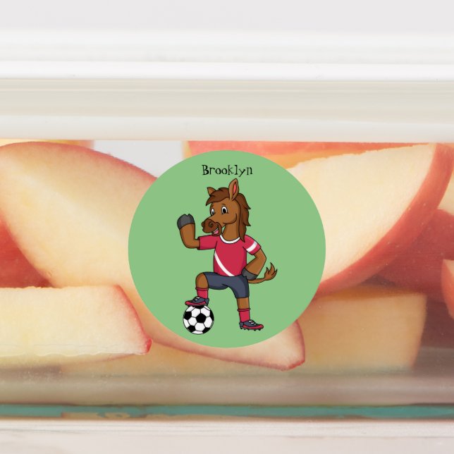 Cute funny horse playing soccer cartoon labels (Affixed)