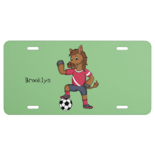 Cute funny horse playing soccer cartoon license plate