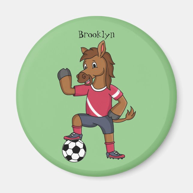 Cute funny horse playing soccer cartoon magnet (Front)