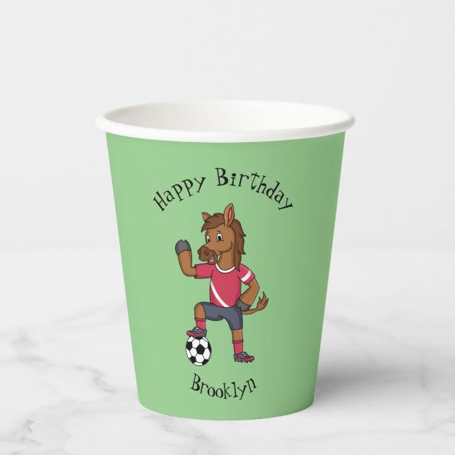 Cute funny horse playing soccer cartoon paper cups (Front)