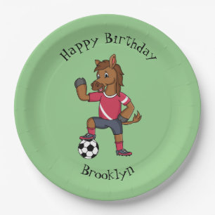 Cute funny horse playing soccer cartoon paper plates