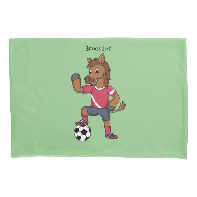 Cute funny horse playing soccer cartoon pillow case (Front)