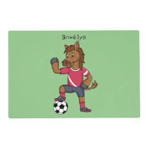 Cute funny horse playing soccer cartoon placemat