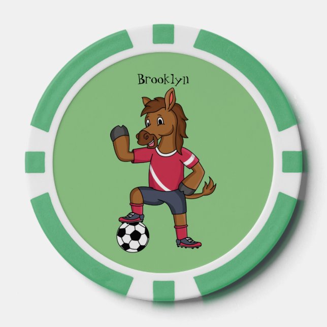 Cute funny horse playing soccer cartoon poker chips (Front)