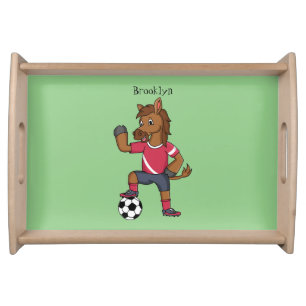 Cute funny horse playing soccer cartoon serving tray