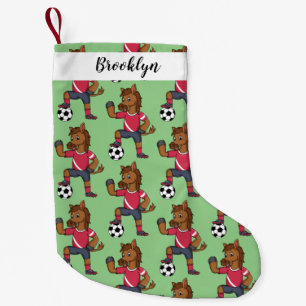 Cute funny horse playing soccer cartoon small christmas stocking