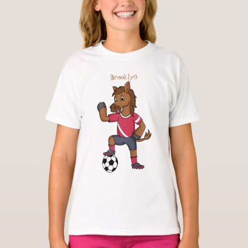 Cute funny horse playing soccer cartoon T_Shirt