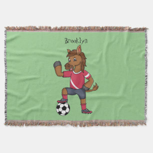 Cute funny horse playing soccer cartoon throw blanket