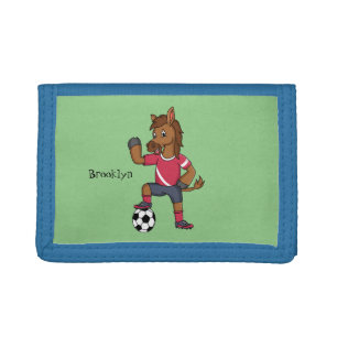Cute funny horse playing soccer cartoon tri-fold wallet