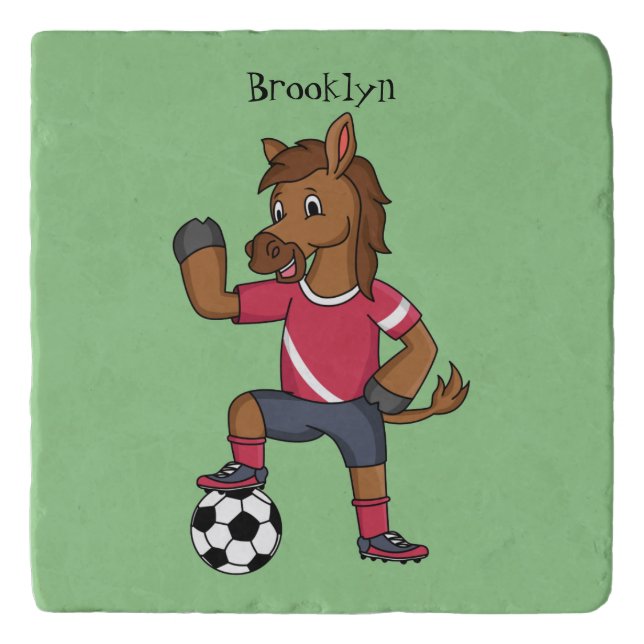 Cute funny horse playing soccer cartoon trivet (Front)