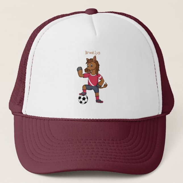 Cute funny horse playing soccer cartoon trucker hat (Front)