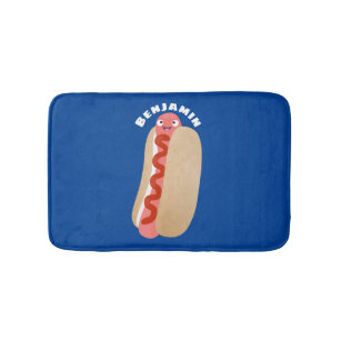 Cute funny hot dog Weiner cartoon  Bath Mat