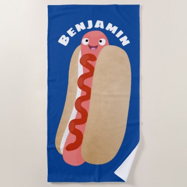 Cute funny hot dog Weiner cartoon Beach Towel