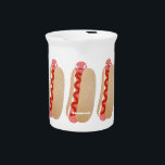 Cute funny hot dog Weiner cartoon  Beverage Pitcher<br><div class="desc">This funny hot dog is ready with ketchup for lunch! Drawn in cute cartoon style.</div>