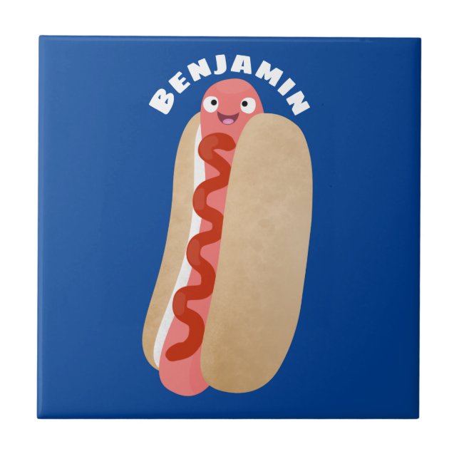 Cute funny hot dog Weiner cartoon Ceramic Tile (Front)