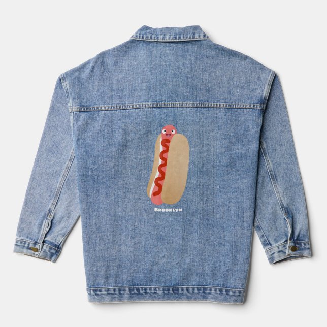 Cute funny hot dog Weiner cartoon Denim Jacket (Back)