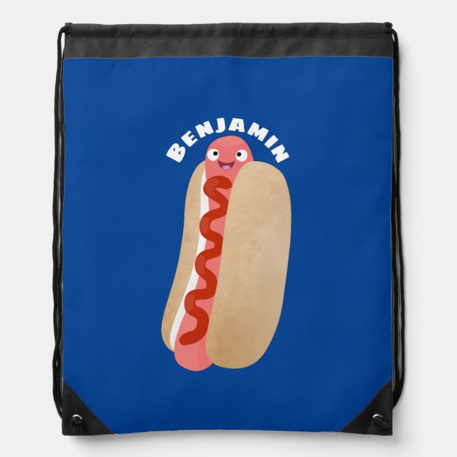 Cute funny hot dog Weiner cartoon Drawstring Bag (Front)