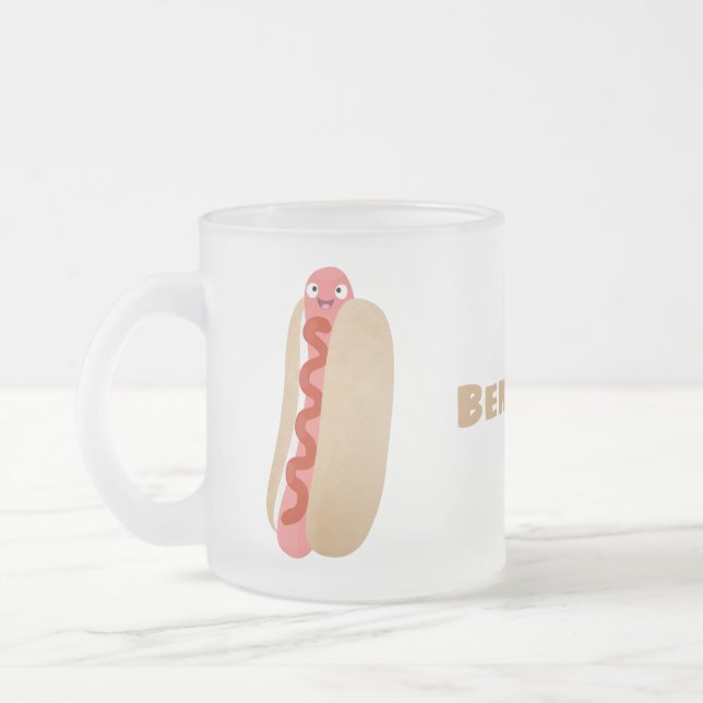 Cute funny hot dog Weiner cartoon  Frosted Glass Coffee Mug (Left)
