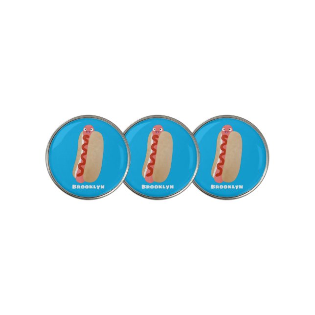 Cute funny hot dog Weiner cartoon Golf Ball Marker (3 Up)