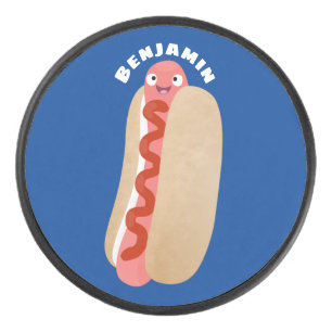 Cute funny hot dog Weiner cartoon Hockey Puck
