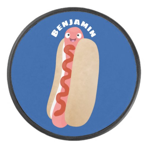 Cute funny hot dog Weiner cartoon Hockey Puck