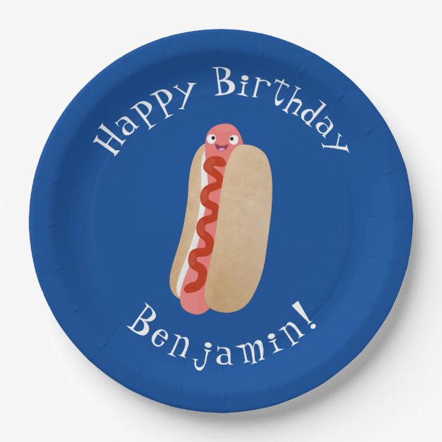 Cute funny hot dog Weiner cartoon Paper Plates (Front)
