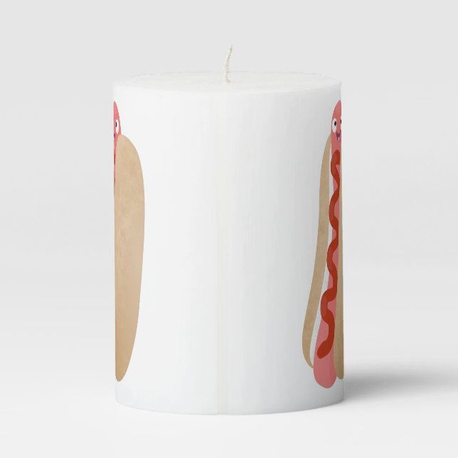 Cute funny hot dog Weiner cartoon Pillar Candle (Back)