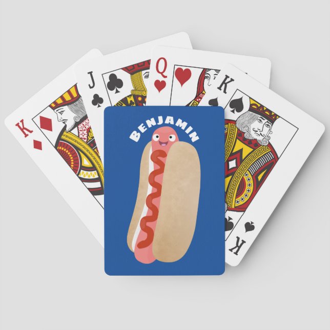 Cute funny hot dog Weiner cartoon  Poker Cards (Back)