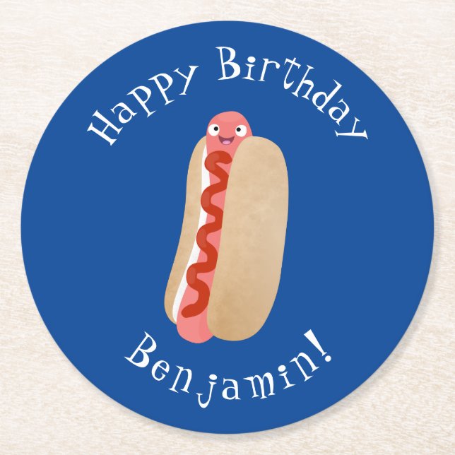Cute funny hot dog Weiner cartoon Round Paper Coaster (Front)