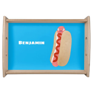 Cute funny hot dog Weiner cartoon Serving Tray