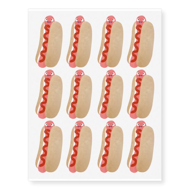 Cute funny hot dog Weiner cartoon Temporary Tattoos (Front)