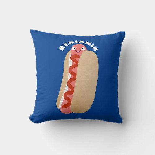 Cute funny hot dog Weiner cartoon Throw Pillow