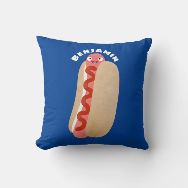 Cute funny hot dog Weiner cartoon Throw Pillow (Front)