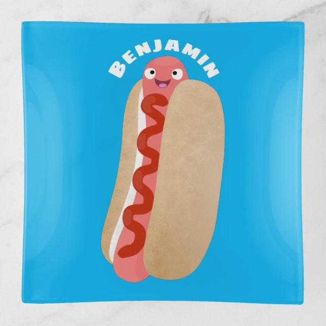 Cute funny hot dog Weiner cartoon Trinket Tray (Front)