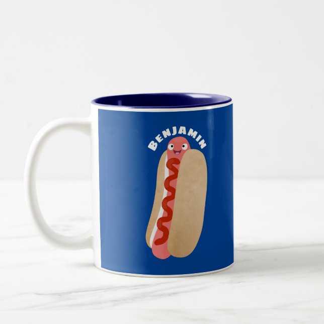 Cute funny hot dog Weiner cartoon Two-Tone Coffee Mug (Left)