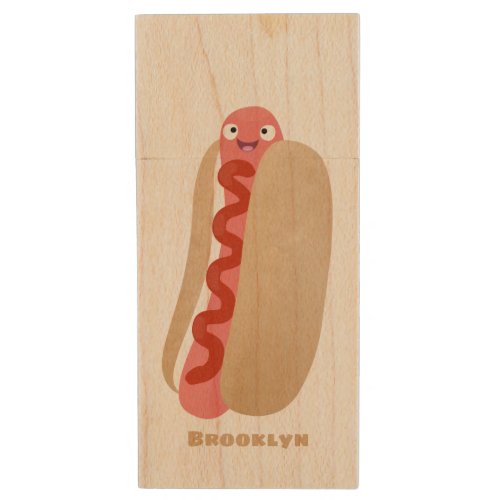 Cute funny hot dog Weiner cartoon Wood Flash Drive