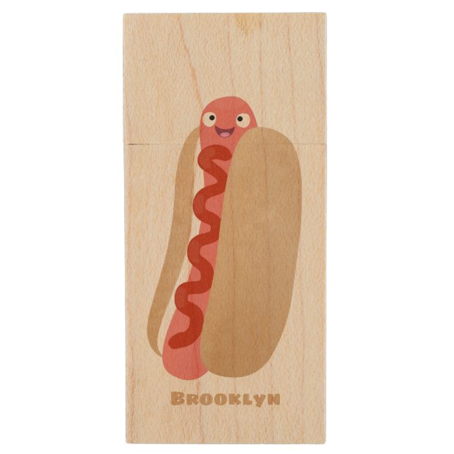 Cute funny hot dog Weiner cartoon Wood Flash Drive (Front Vertical)