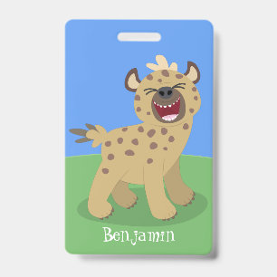 Cute funny hyena laughing cartoon illustration badge